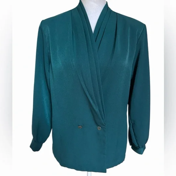 Bryan Womens Blouse Size 12 Dark Green Long Sleeve Pleated V Neck - Picture 2 of 8
